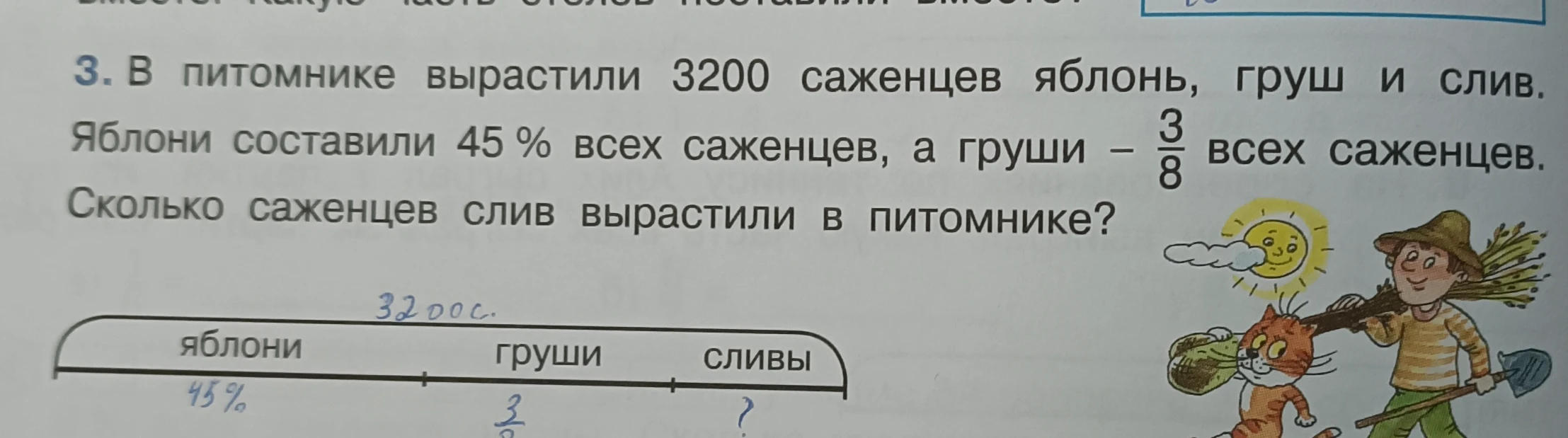 В питомнике вырастили 3200 саженцев яблонь, груш и слив. Яблони составили 45% всех саженцев, а груши — 3/8 всех саженцев. Сколько саженцев слив вырастили в питомнике?