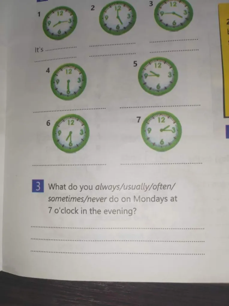 What do you always/usually/often/sometimes/never do on Mondays at 7 o'clock in the evening?