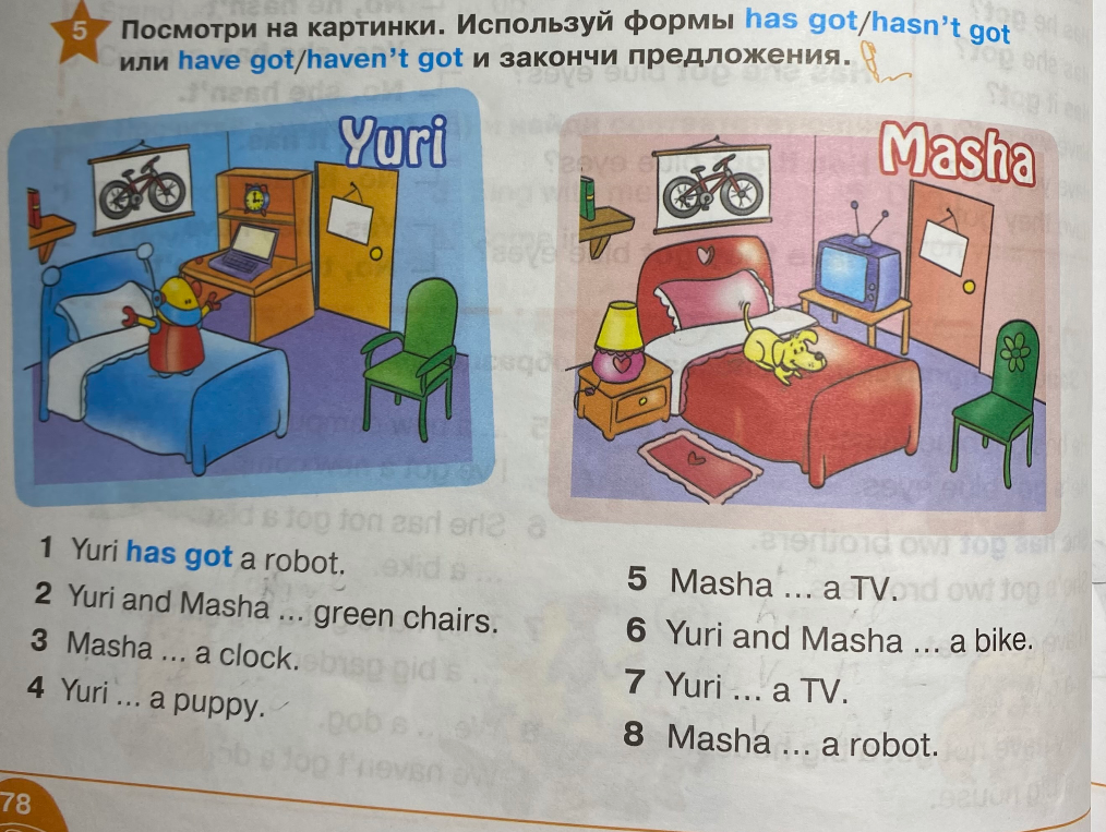 Посмотри на картинки. Используй формы has got/hasn't got или have got/haven't got и закончи предложения.