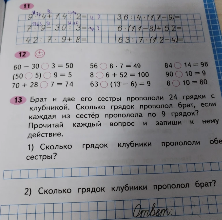 Решите примеры на порядок действий, вставьте пропущенные знаки и решите задачу про грядки.