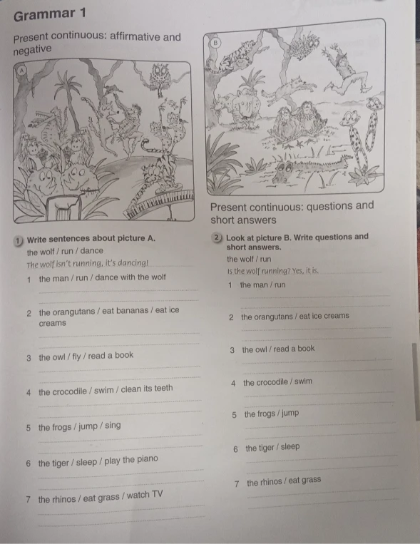 Write sentences about picture A. Look at picture B. Write questions and short answers.