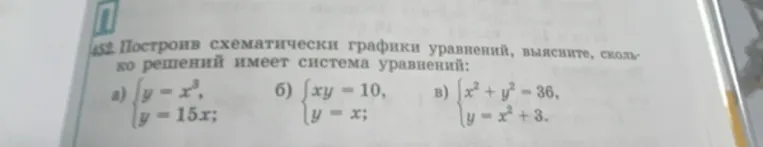 Построив схематически графики уравнений, выясните, сколько решений имеет система уравнений