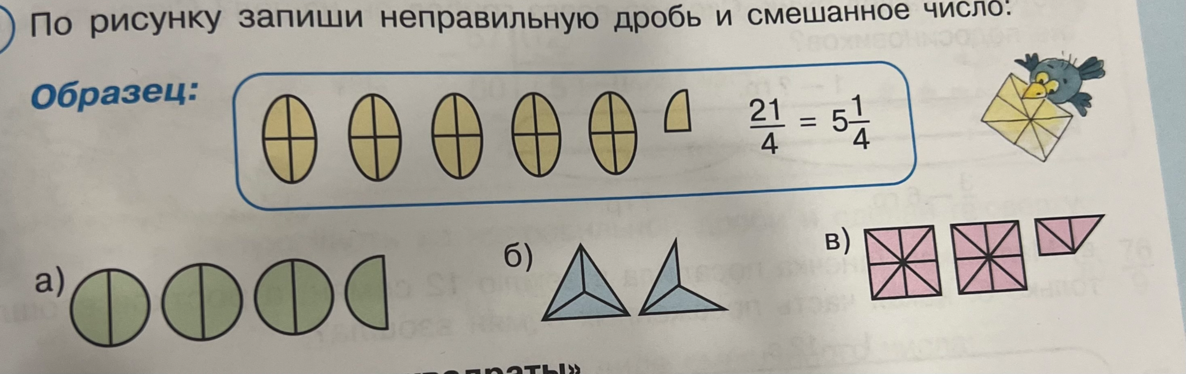 По рисунку запиши неправильную дробь и смешанное число
