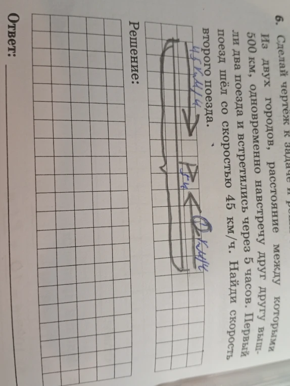 Из двух городов, расстояние между которыми 500 км, одновременно навстречу друг другу вышли два поезда и встретились через 5 часов. Первый поезд шёл со скоростью 45 км/ч. Найди скорость второго поезда.