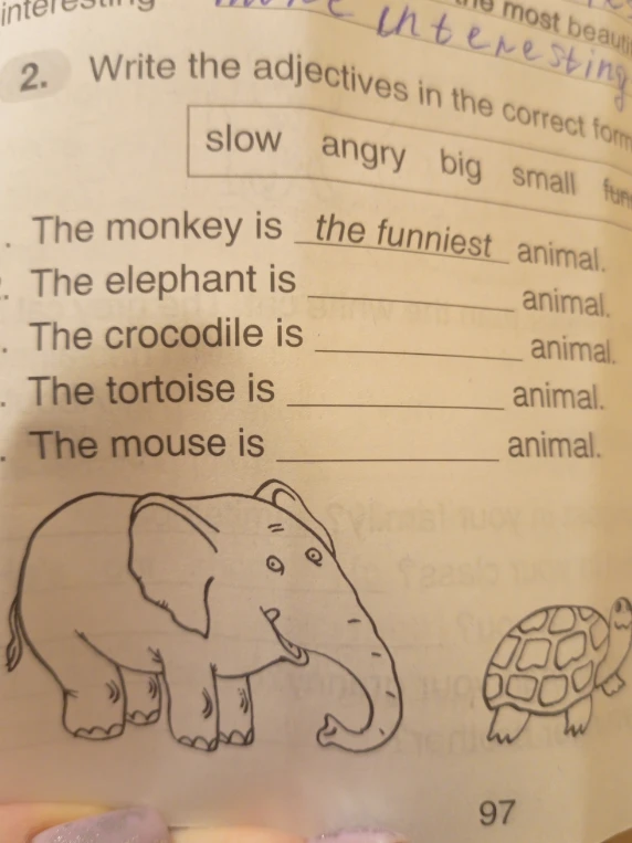 Write the adjectives in the correct form: slow, angry, big, small, funny