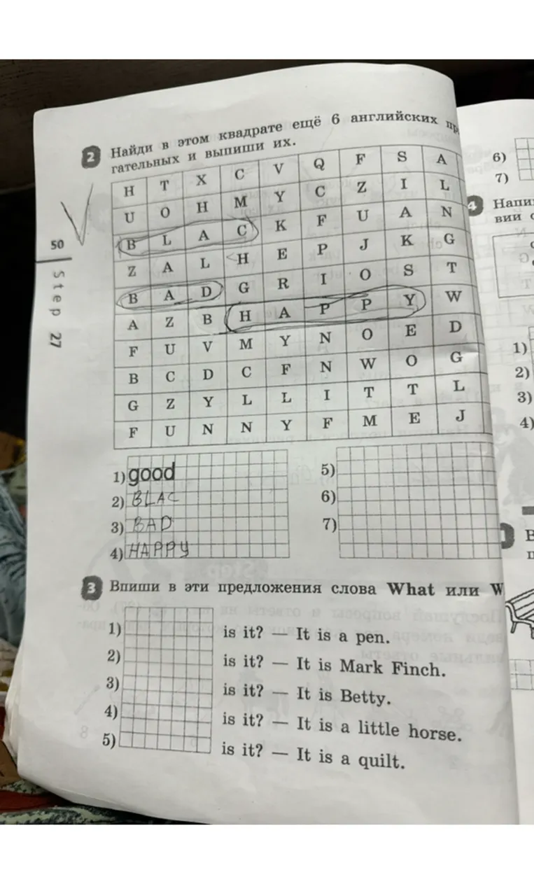 Найди в этом квадрате ещё 6 английских прилагательных и выпиши их. Впиши в эти предложения слова What или Who.