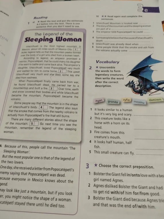Read the text and put the sentences A-F below into the text. Unscramble the words to form legendary creatures. Choose the correct preposition.