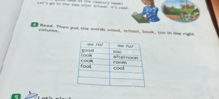 Read. Then put the words wood, school, book, too in the right column.