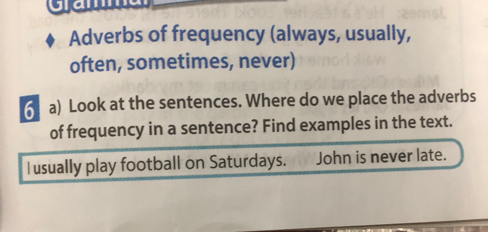 Look at the sentences. Where do we place the adverbs of frequency in a sentence? Find examples in the text.