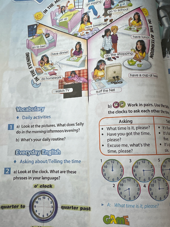 Look at the pictures. What does Sally do in the morning/afternoon/evening?