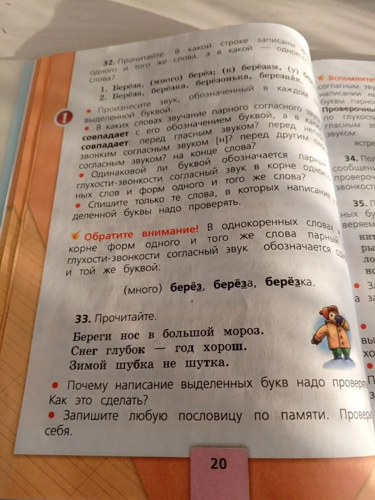 Прочитайте. Береги нос в большой мороз. Снег глубок — год хорош. Зимой шубка не шутка. Почему написание выделенных букв надо проверять? Как это сделать?