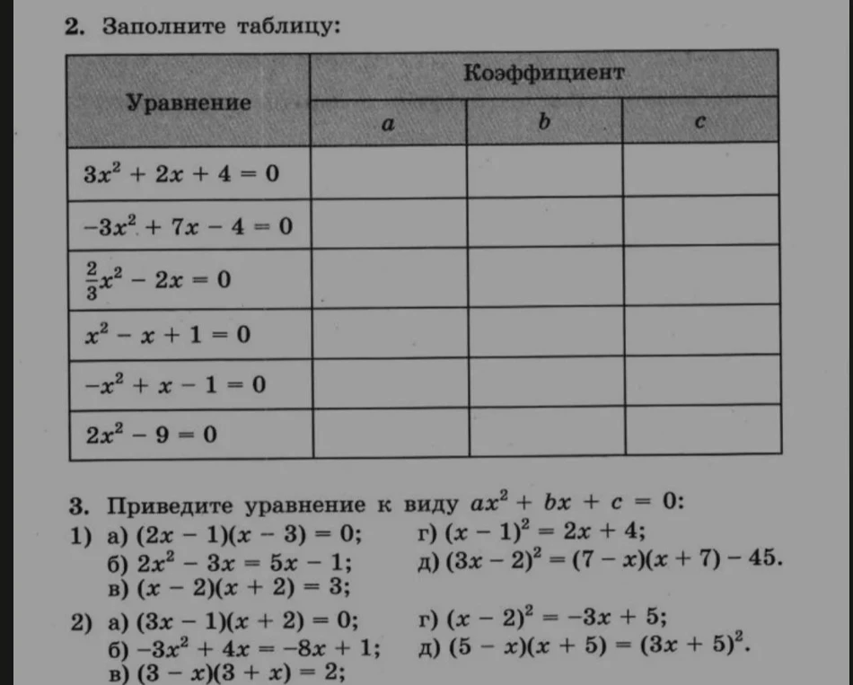 Заполните таблицу коэффициентов квадратных уравнений и приведите уравнения к виду ax² + bx + c = 0