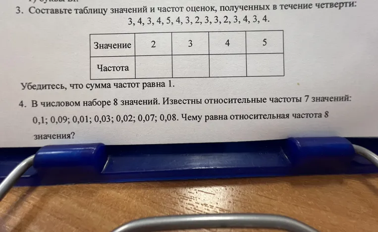 Составьте таблицу значений и частот оценок, полученных в течение четверти: 3, 4, 3, 4, 5, 4, 3, 2, 3, 3, 2, 3, 4, 3, 4.