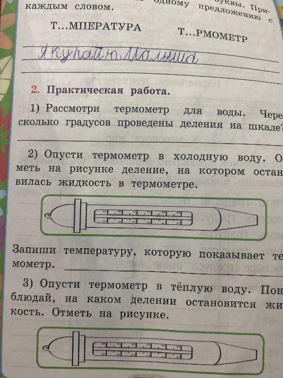 Рассмотри термометр для воды. Через сколько градусов проведены деления на шкале?