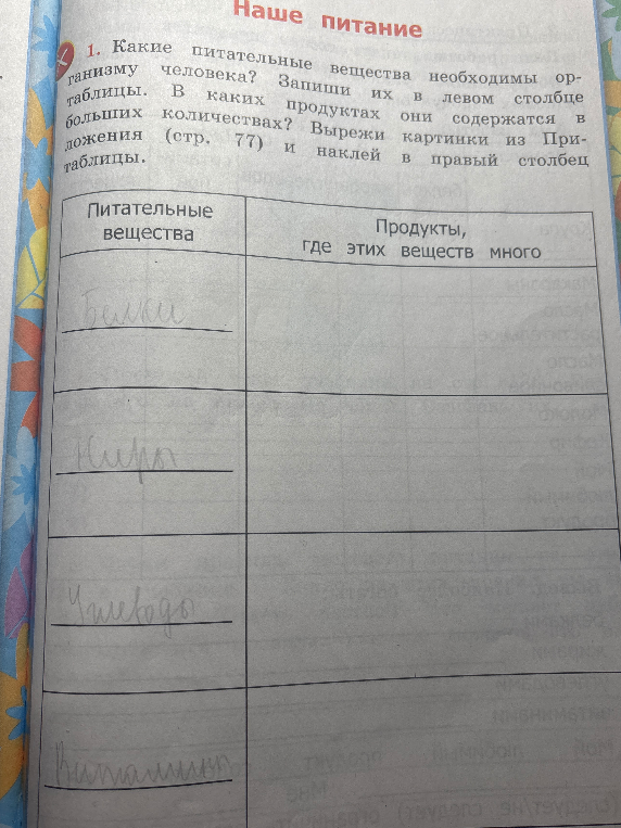 Какие питательные вещества необходимы организму человека? Запиши их в левом столбце таблицы. В каких продуктах они содержатся в больших количествах?
