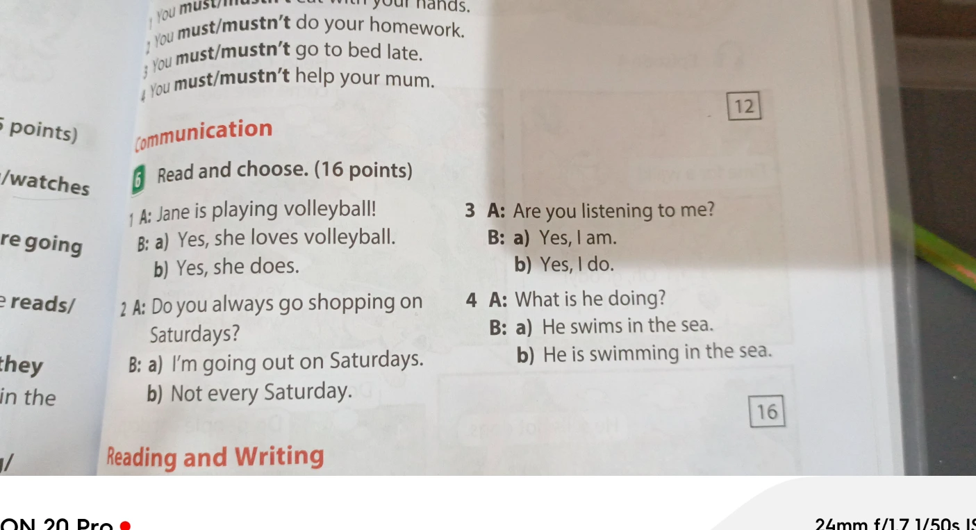 Read and choose. 1 A: Jane is playing volleyball! B: a) Yes, she loves volleyball. b) Yes, she does.