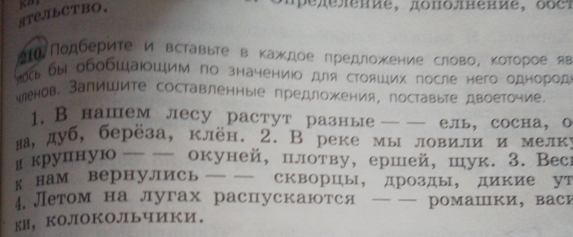 Подберите и вставьте в каждое предложение слово, которое являлось бы обобщающим по значению для стоящих после него однородных членов. Запишите составленные предложения, поставьте двоеточие.