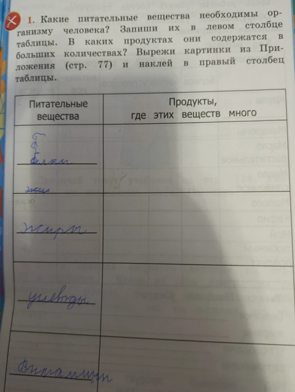 Какие питательные вещества необходимы организму человека? Запиши их в левом столбце таблицы. В каких продуктах они содержатся в больших количествах? Вырежи картинки из Приложения (стр. 77) и наклей в правый столбец таблицы.