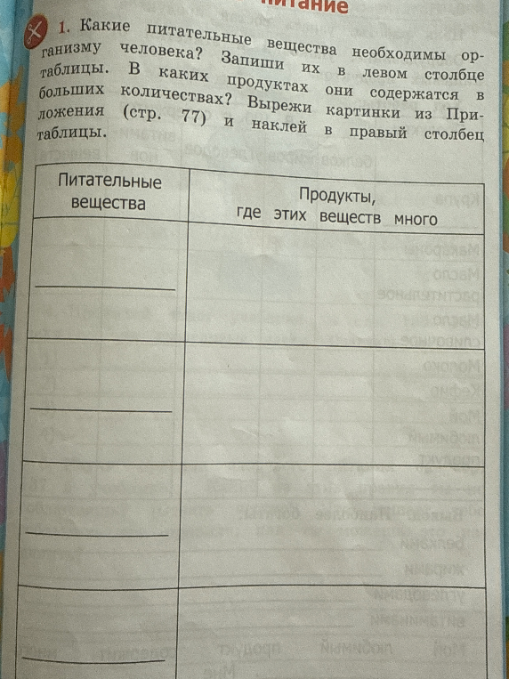 Какие питательные вещества необходимы организму человека? Запиши их в левом столбце таблицы. В каких продуктах они содержатся в больших количествах?