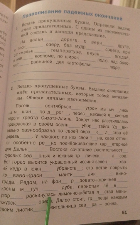 Вставь пропущенные буквы. Определи падеж имен прилагательных. С одним из словосочетаний составь и запиши предложение.