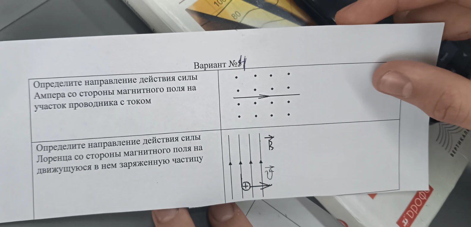 Определите направление действия силы Ампера со стороны магнитного поля на участок проводника с током