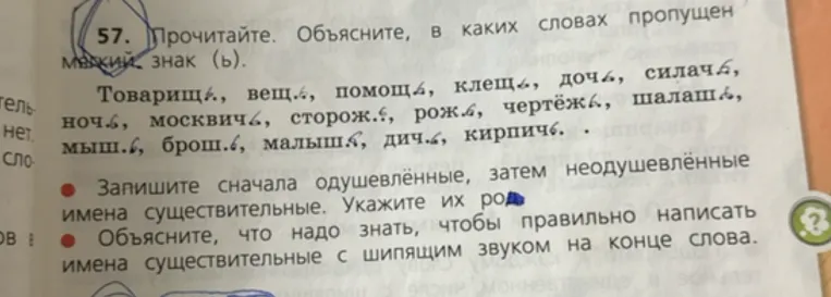 Прочитайте. Объясните, в каких словах пропущен мягкий знак (ь). Запишите сначала одушевлённые, затем неодушевлённые имена существительные. Укажите их род.