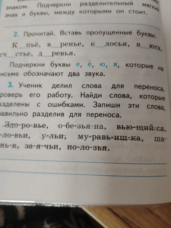 Прочитай. Вставь пропущенные буквы. Подчеркни буквы е, ё, ю, я, которые на письме обозначают два звука. Ученик делил слова для переноса, проверь его работу.