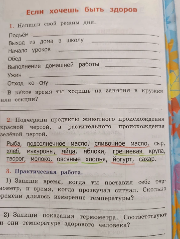 1. Напиши свой режим дня. 2. Подчеркни продукты животного происхождения красной чертой, а растительного происхождения зеленой чертой.