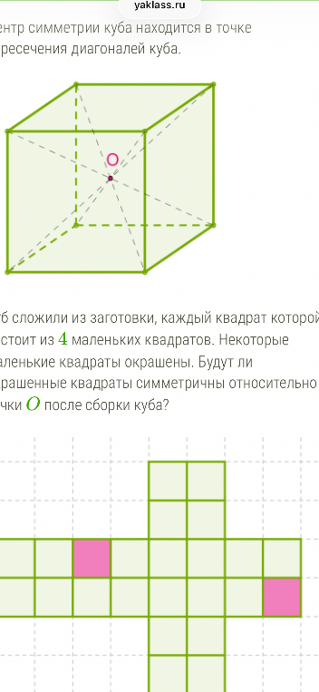 Будут ли окрашенные квадраты симметричны относительно точки O после сборки куба?