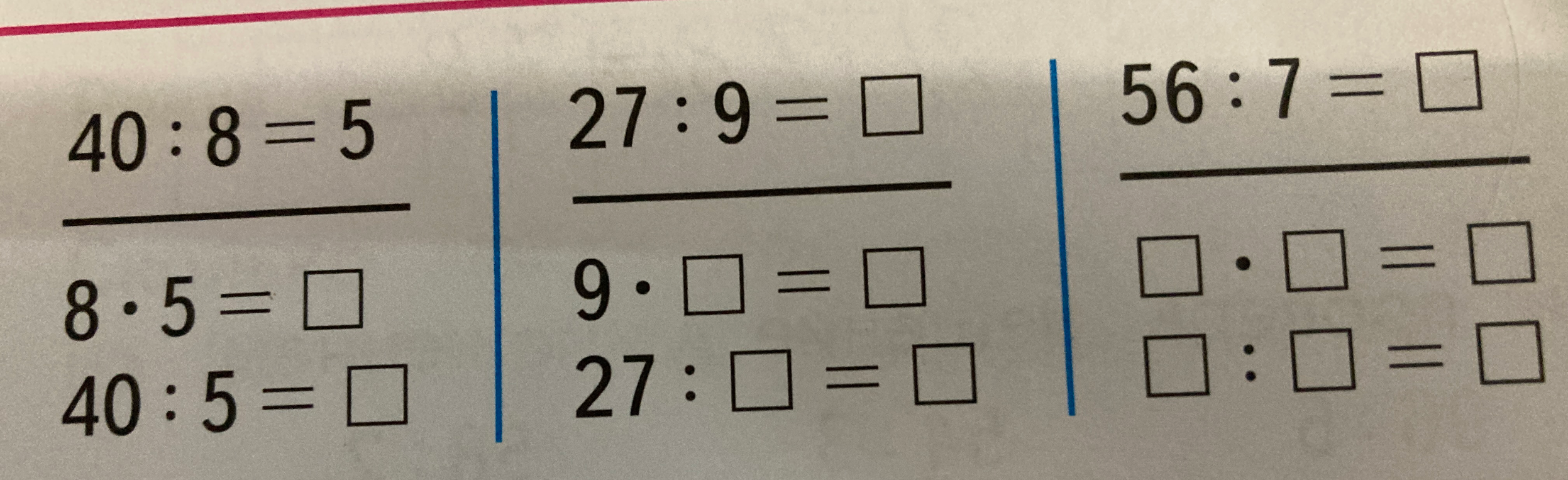 Решите примеры на деление и умножение: 40:8=5, 27:9, 56:7