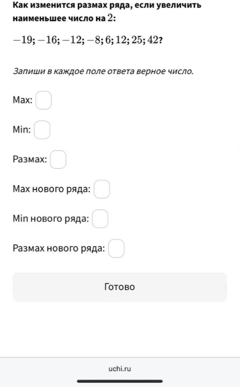 Как изменится размах ряда, если увеличить наименьшее число на 2: -19; -16; -12; -8; 6; 12; 25; 42?