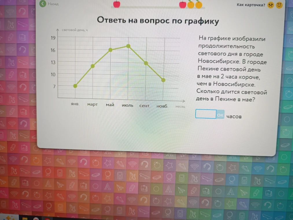 На графике изобразили продолжительность светового дня в городе Новосибирске. В городе Пекине световой день в мае на 2 часа короче, чем в Новосибирске. Сколько длится световой день в Пекине в мае?