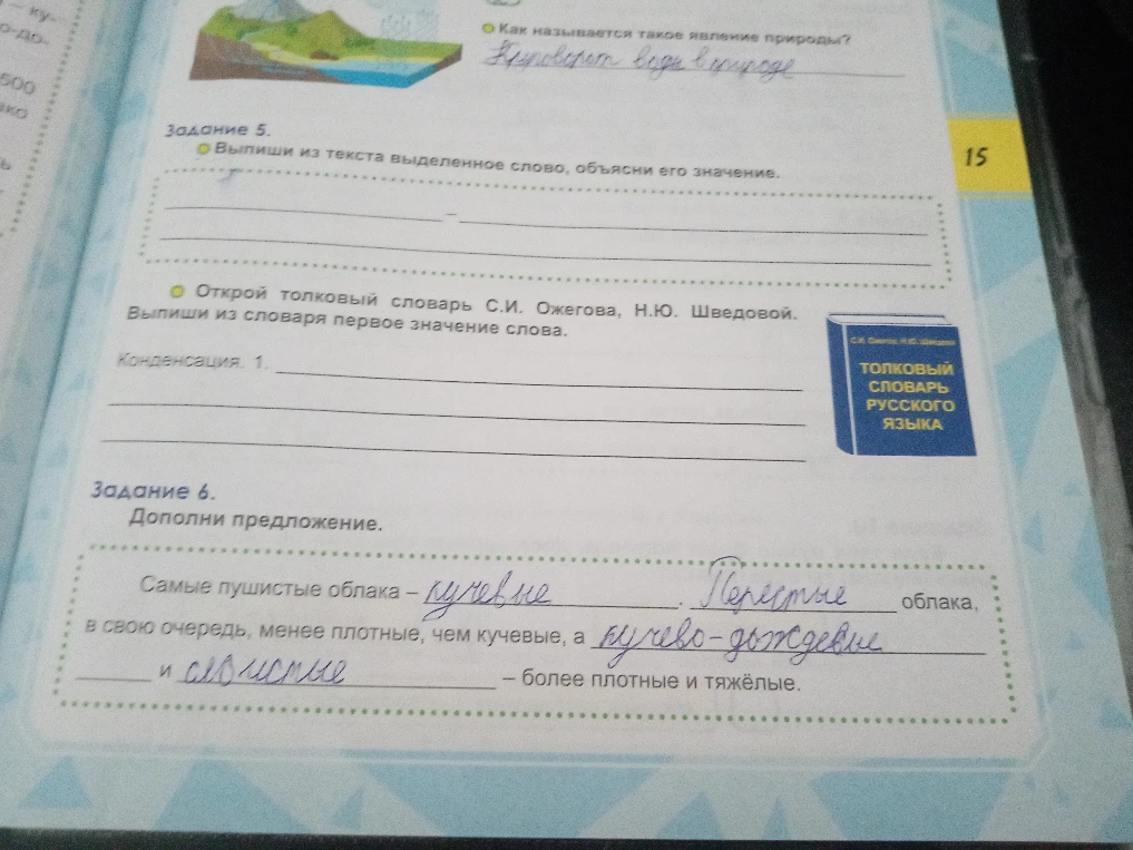 Выпиши из текста выделенное слово, объясни его значение. Открой толковый словарь С.И. Ожегова, Н.Ю. Шведовой. Выпиши из словаря первое значение слова. Дополни предложение: Самые пушистые облака...