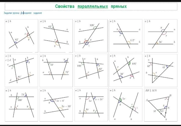 Найдите неизвестные углы, используя свойства параллельных прямых.