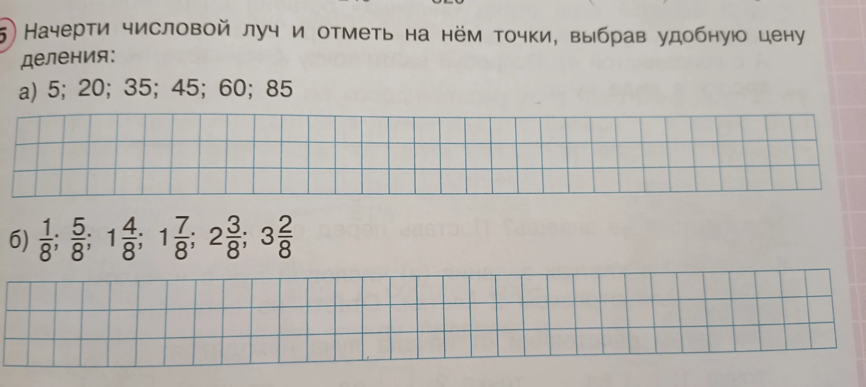 Начерти числовой луч и отметь на нём точки, выбрав удобную цену деления: а) 5; 20; 35; 45; 60; 85; б) 1/8; 5/8; 1 4/8; 1 7/8; 2 3/8; 3 2/8
