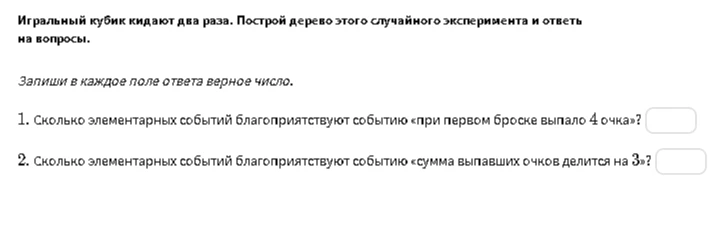 Игральный кубик кидают два раза. Сколько элементарных событий благоприятствуют событию «при первом броске выпало 4 очка»?