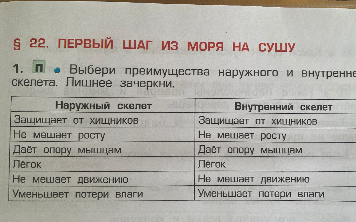 Выбери преимущества наружного и внутреннего скелета. Лишнее зачеркни.