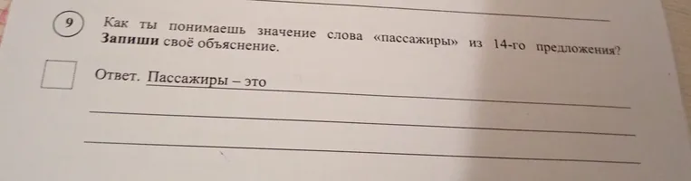 Как ты понимаешь значение слова «пассажиры» из 14-го предложения? Запиши своё объяснение.