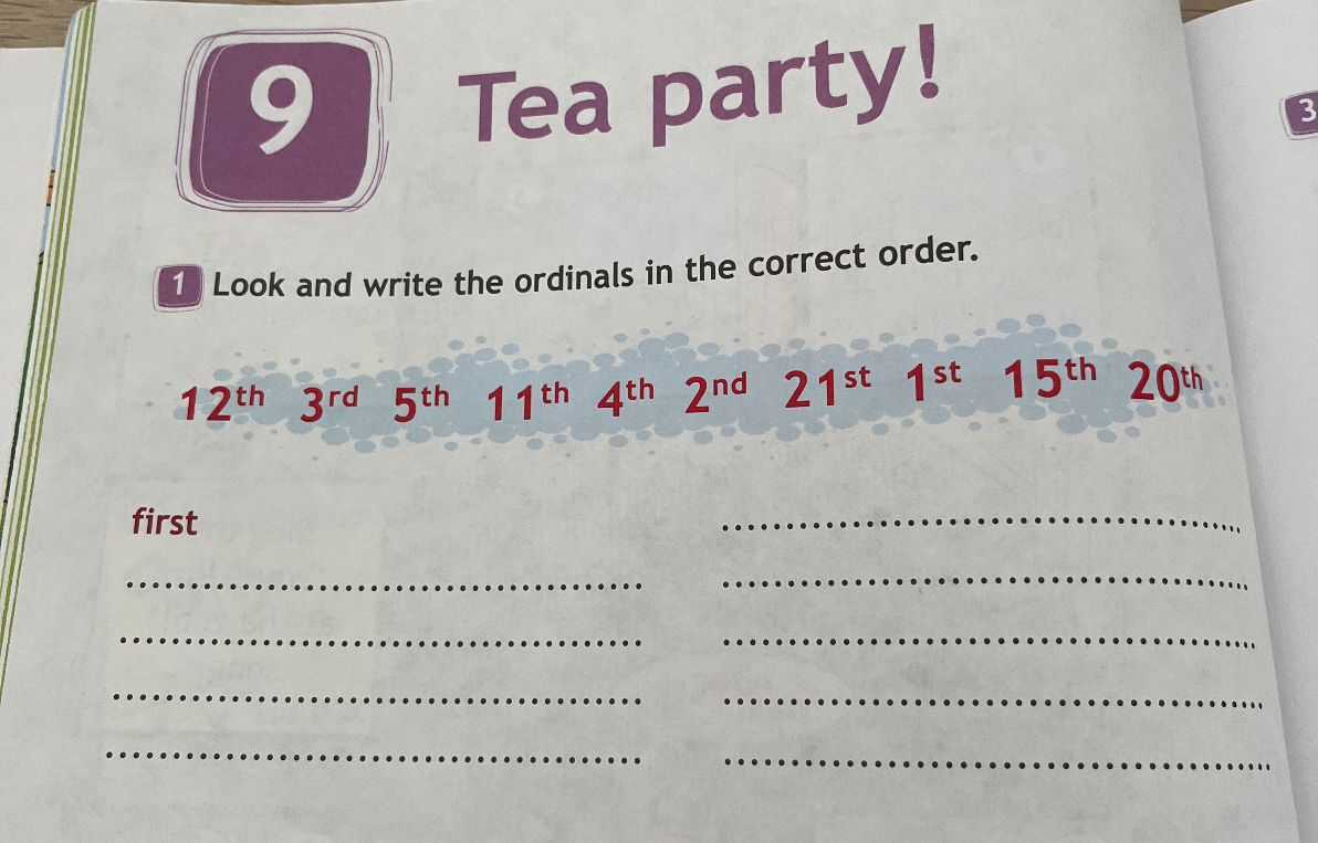 Look and write the ordinals in the correct order.