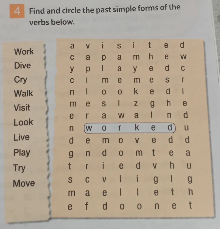 Find and circle the past simple forms of the verbs below.