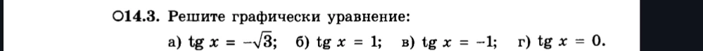 14.3. Решите графически уравнение: а) tg x = -sqrt(3); б) tg x = 1; в) tg x = -1; г) tg x = 0.