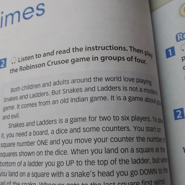 Listen to and read the instructions. Then play the Robinson Crusoe game in groups of four.