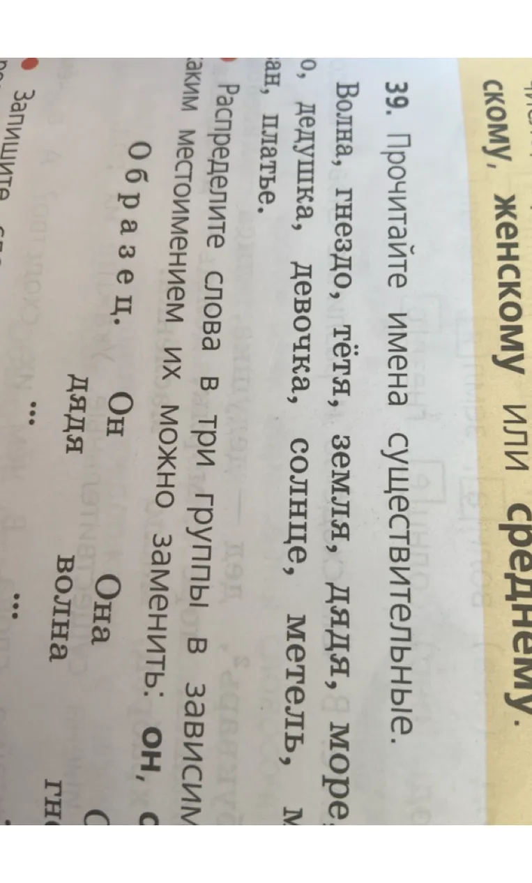Распределите слова в три группы в зависимости от того, каким местоимением их можно заменить: ОН, ОНА, ОНО.