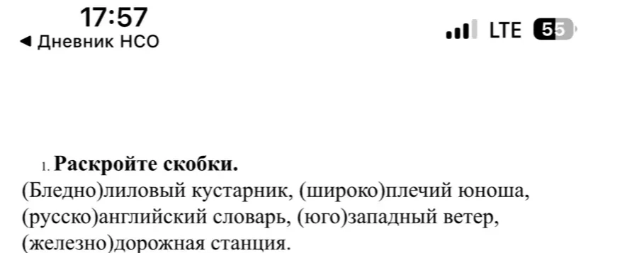 Раскройте скобки: (Бледно)лиловый кустарник, (широко)плечий юноша, (русско)английский словарь, (юго)западный ветер, (железно)дорожная станция.