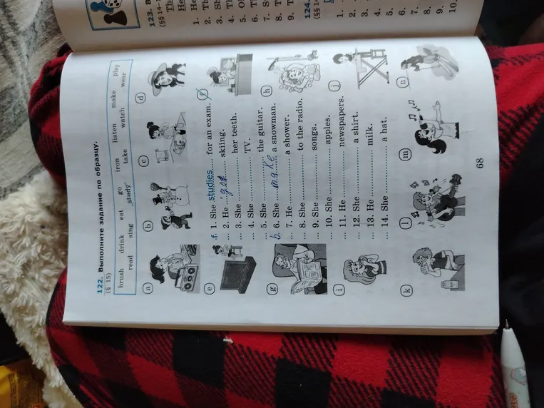 Выполните задание по образцу: 1. She studies for an exam. 2. He goes skiing...