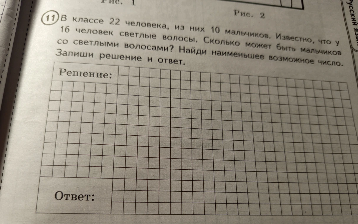 В классе 22 человека, из них 10 мальчиков. Известно, что у 16 человек светлые волосы. Сколько может быть мальчиков со светлыми волосами? Найди наименьшее возможное число.