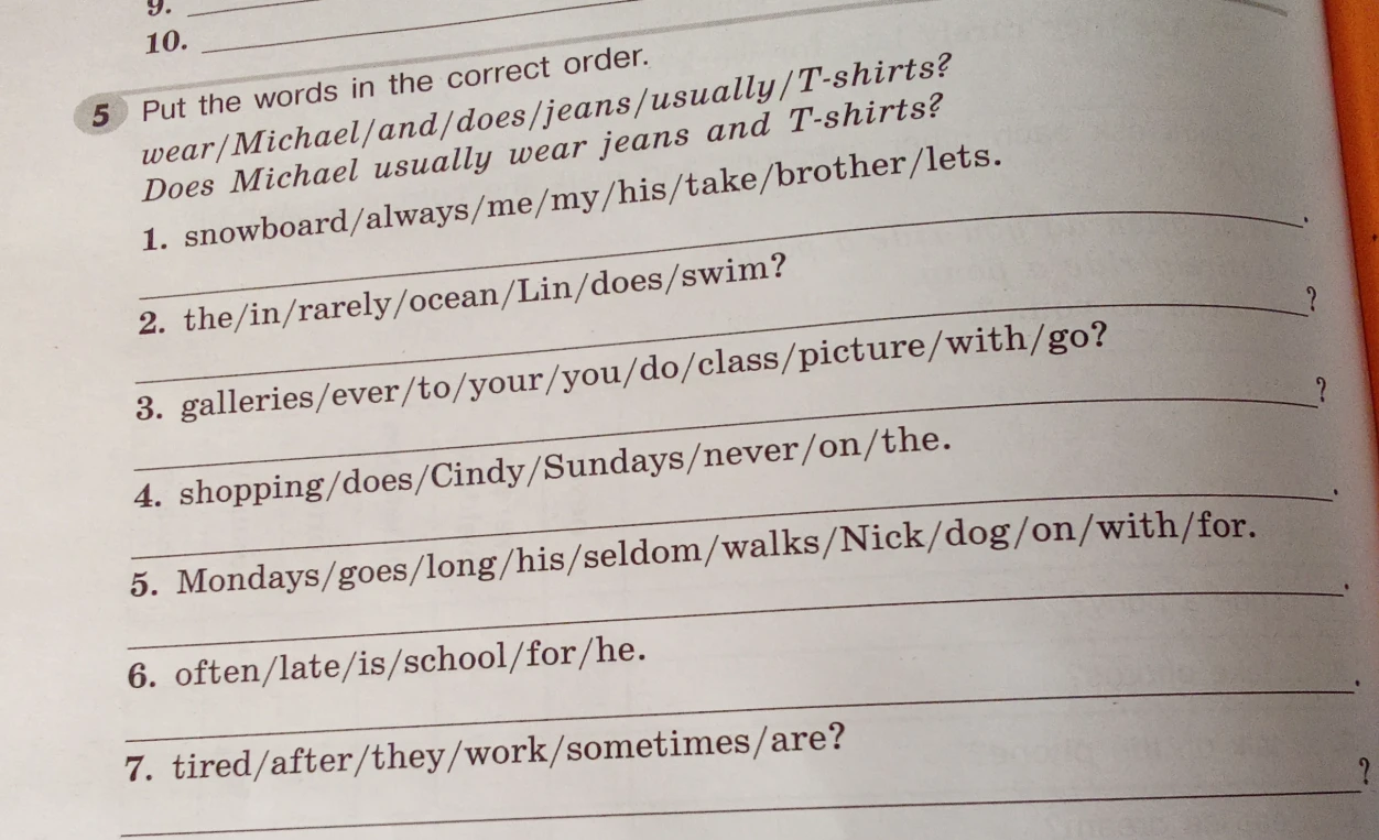Put the words in the correct order: snowboard/always/me/my/his/take/brother/lets.