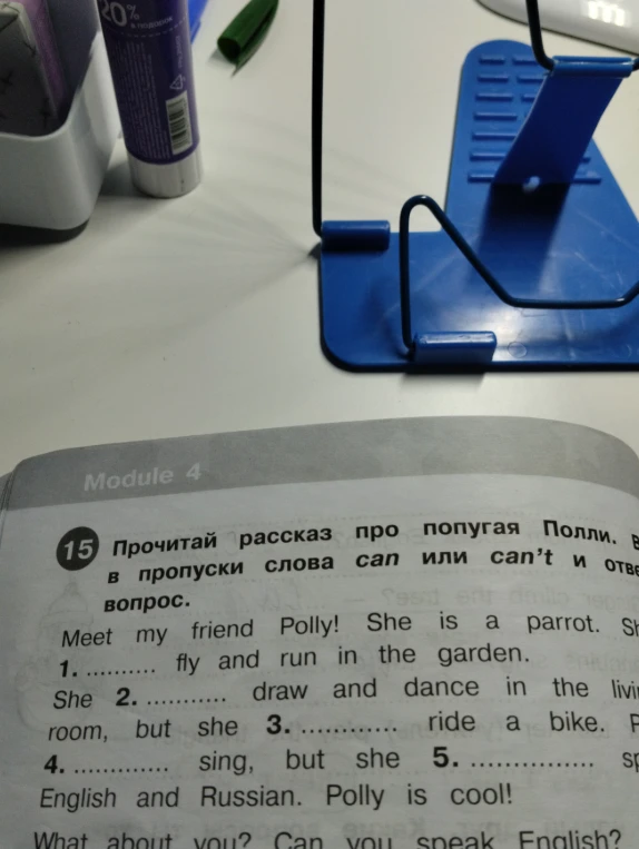 Прочитай рассказ про попугая Полли. Вставь в пропуски слова can или can't