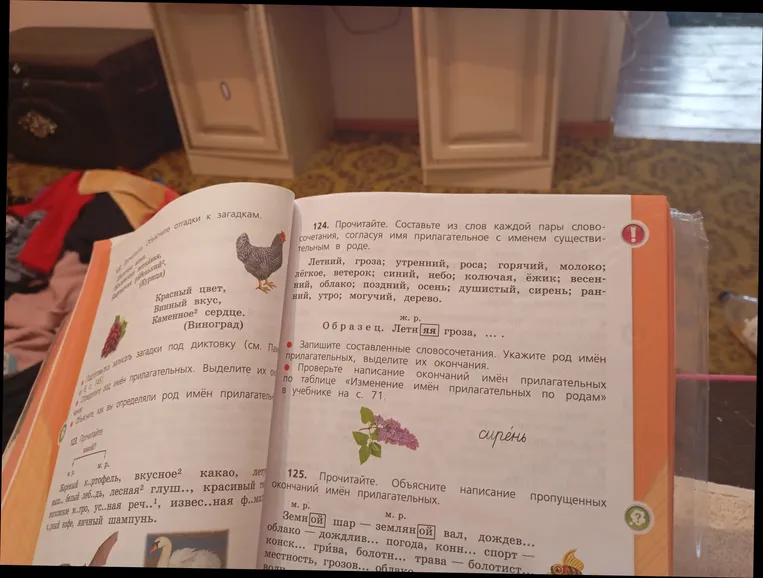 124. Прочитайте. Составьте из слов каждой пары словосочетания, согласуя имя прилагательное с именем существительным в роде.