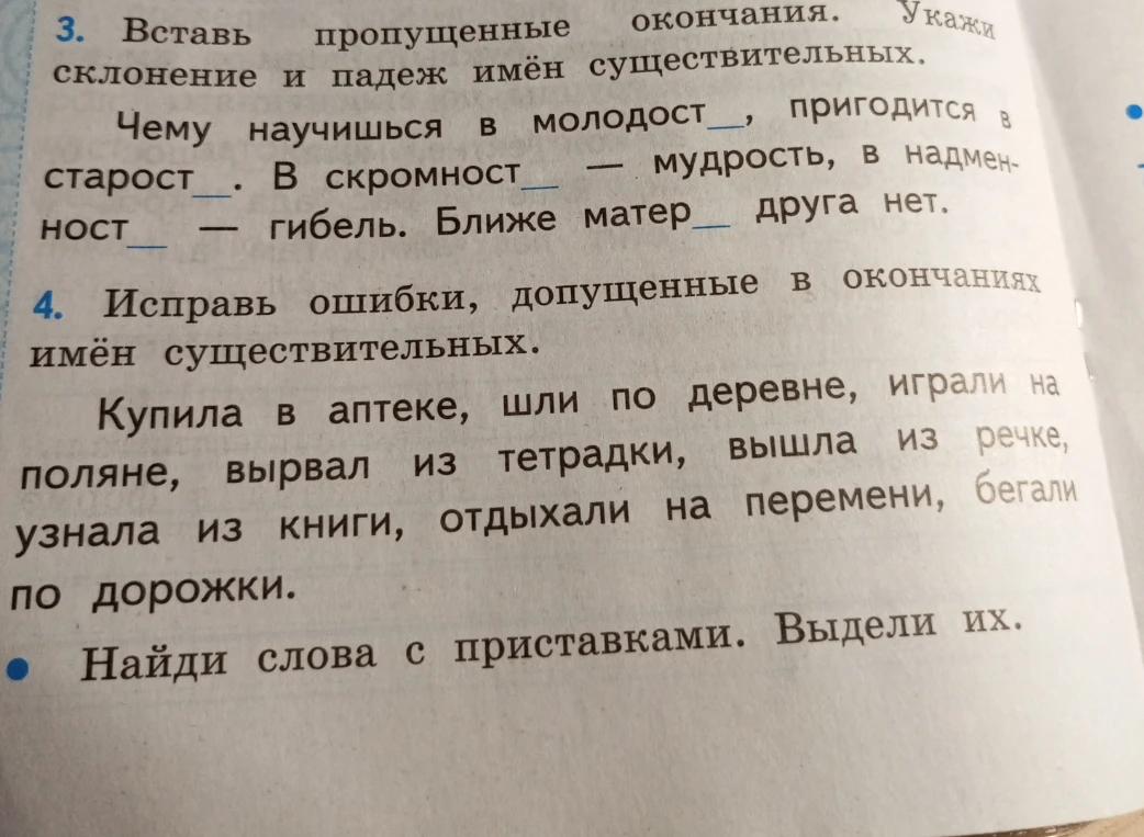 Вставь пропущенные окончания. Укажи склонение и падеж имён существительных.